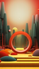 Wall Mural - Colorful abstract 3D forest scene with a red ring portal, a yellow platform, and a sunset sky.