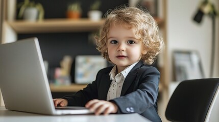 Sticker - Mini CEO in the Making: A young boy dressed in a suit, engrossed in his work on a laptop. 