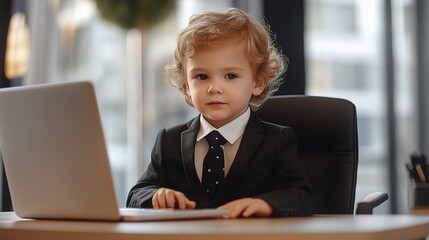 Future CEO in the Making: A young boy dressed in a suit and tie sits confidently at a desk, his tiny fingers poised on a laptop keyboard, embodying the aspirations of a generation. 