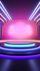 Wall Mural - Neon light glowing on a circular platform in a pink room.