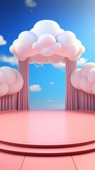 Wall Mural - Pink stage with cloud archway and blue sky background.