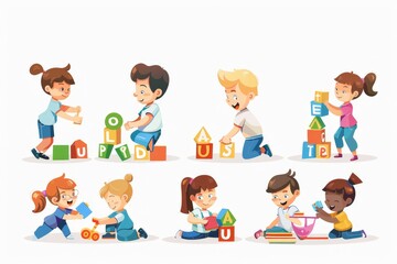 Kids in kindergarten play with their favorite toys vector cartoon illustration on white background