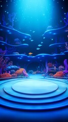 Wall Mural - Underwater platform with blue light and coral.