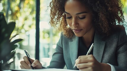 Poster - Focused Determination: A professional woman in a suit, intently writing on a document, exudes focus and determination in this image. 