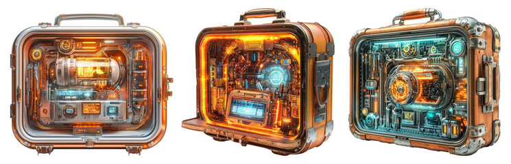 Steampunk style briefcases isolated on transparent background