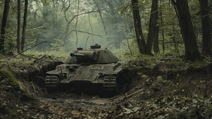 Tank concealed in a trench in a wooded area facing the front line. Representing war and destruction