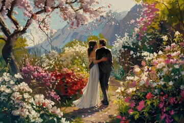 Wall Mural - A painting illustrating a couple locked in a kiss, set against a backdrop of a flourishing field of flowers, A husband and wife sharing a tender moment in their garden, surrounded by blooming flowers.