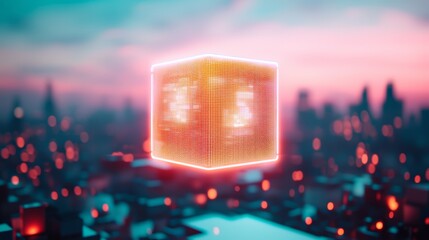 Poster - Futuristic Cityscape with Glowing Cube.