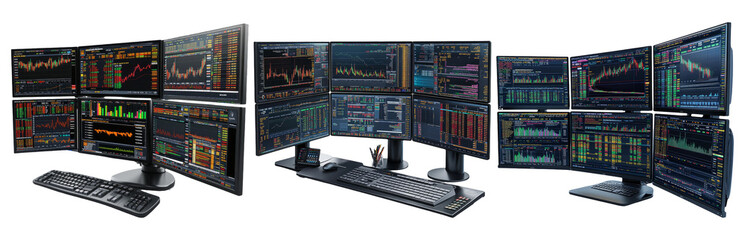 Multi-monitor stock trading setup isolated on transparent background