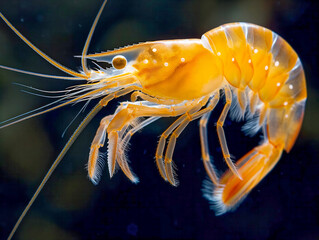 Wall Mural - A small orange shrimp is swimming in a dark blue tank. The shrimp is the only thing visible in the image