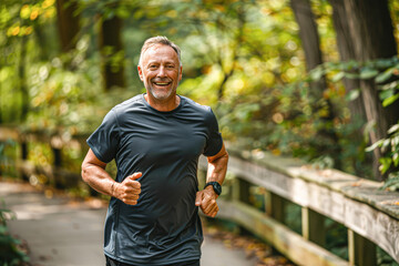 Wall Mural - A man is running in a forest with a smile on his face