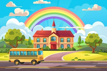 Wall Mural - Kids modern school building, Children Reading Book At Garden and rainbow with sky background landscape vector cartoon illustration