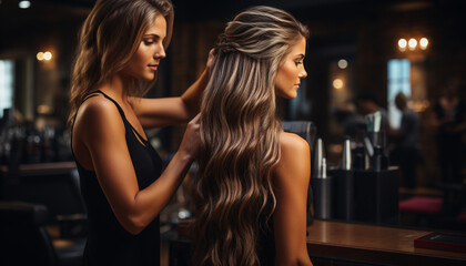 Wall Mural - Two young women in a hair salon, getting their hair done generated by AI