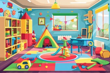 Wall Mural - Kindergarten toy room. Kid classroom, nursery preschool daycare, play game child toys indoor playground interior, childish at wall playroom vector Illustration background