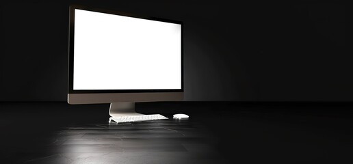 Modern desktop computer with blank screen in a dark room, perfect for showcasing your website or design.