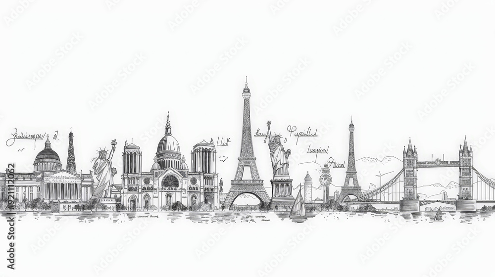 line drawing of famous world landmarks Stock Illustration | Adobe Stock