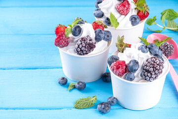 Wall Mural - Frozen yogurt dessert with various berry toppings. Whipped creamy yoghurt ice cream with raspberry, strawberry, blueberry and mint