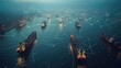 © Khritthithat - Aerial view of cargo ships navigating a complex network of global trade routes with digital lines connecting major ports, [cargo industry], [global trade network visualization]
