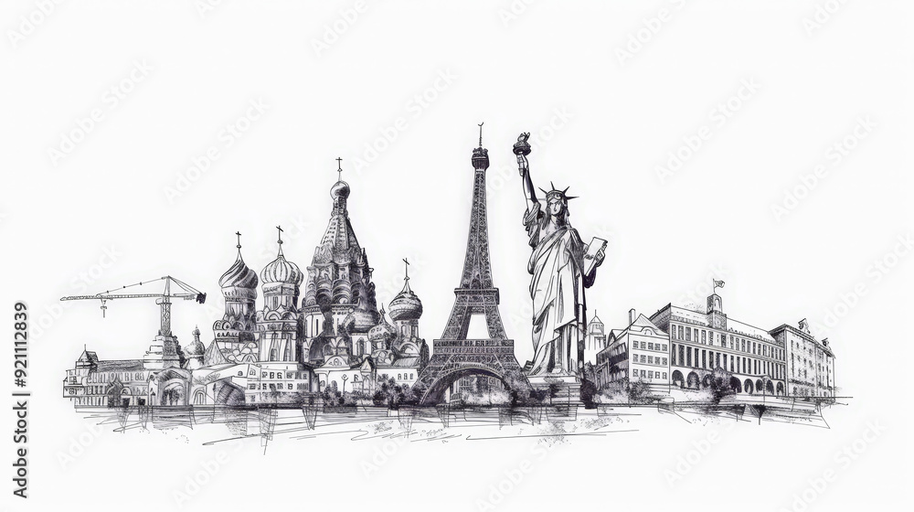line drawing of famous world landmarks Stock Illustration | Adobe Stock