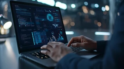 Man Working on a Futuristic Laptop with Data and Code