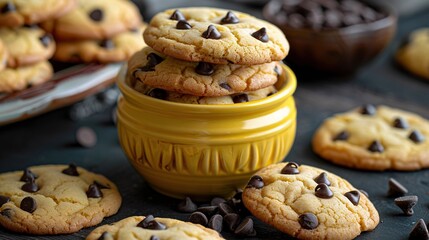 Sticker -   A plate of chocolate chip cookies on a table with bowls of chocolate chips nearby