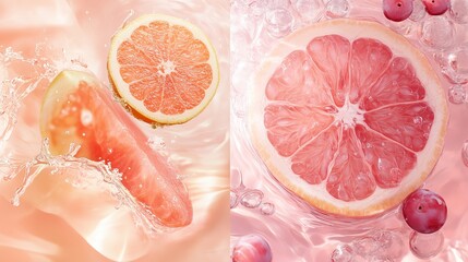 Sticker - Fresh grapefruit slices and pink citrus in water on a pastel background