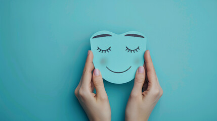 Wall Mural - woman with blue eyes and pink paper heart on blue background.