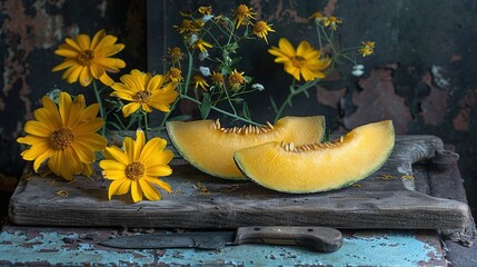 Sticker -   A pair of melons resting atop a wooden cutting board alongside an assortment of blossoms