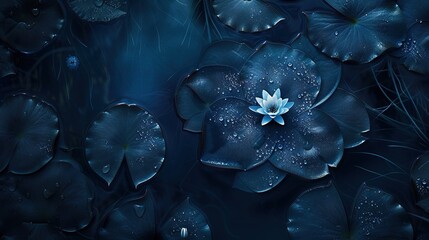 Poster -   A close-up of a blue flower with water droplets on its petals