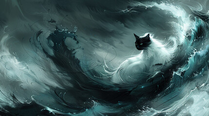 Poster -   A black-and-white cat perched atop a cresting wave in the heart of the vast ocean, with another black-and-white cat resting upon its back