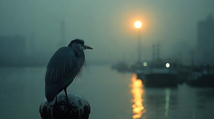 Poster -   A bird perched on a water tower amidst a lake surrounded by boats