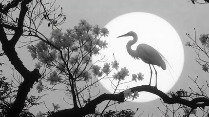 Sticker -   A black-and-white image of a bird sitting on a tree limb, facing a full moon in the sky