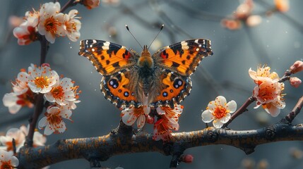 Wall Mural -   An image shows a butterfly perched on a tree branch, with vibrant orange and white flowers in the background