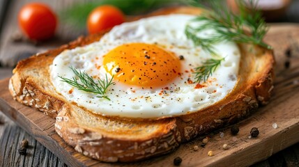 Sticker -   A clear photo of a slice of toasted bread with a fried egg placed atop it on a rustic wooden chopping block