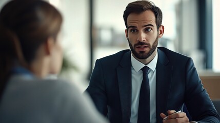 Sticker - Confident Businessman Discussing a Project: A serious, professional man in a suit and tie  talks with a female colleague during a business meeting.