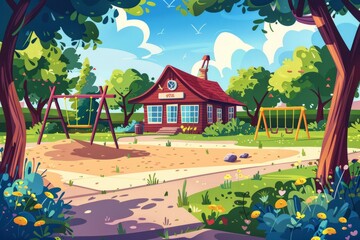 Wall Mural - Kids playground, Kindergarten or school building in park, Children garden nursery, Empty landscape vector cartoon illustration