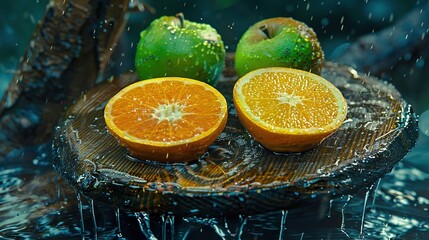 Sticker -   Oranges atop wooden cutting board in water