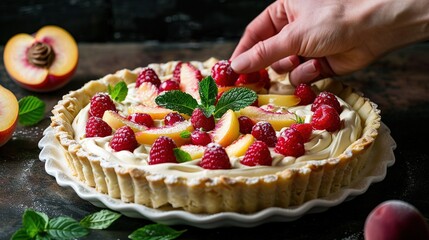 Sticker -   A photo shows a close-up of a pie on a table with fruits scattered around, and someone holding a slice of fruit on top