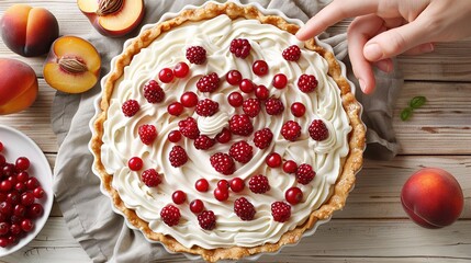 Sticker -   A pie resting atop a wooden table surrounded by fruit bowls and a hand stretching towards it