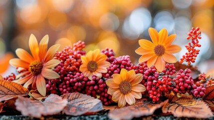 Sticker -   A pile of orange flowers on top of brown leaves, surrounded by piles of leaves