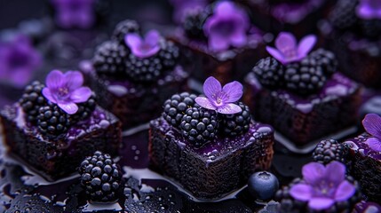 Canvas Print -   A close-up of several cakes with purple flowers on one and berries on another