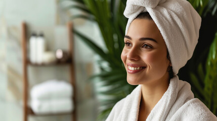 Wall Mural - a woman in a white robe smiling in a bathroom