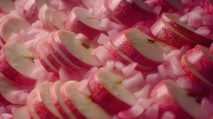 Poster -  Multiple piles of sliced apples stacked on top of each other