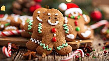 Poster -   A cluster of gingerbreads perched atop a wooden table adjacent to a mound of candy canes