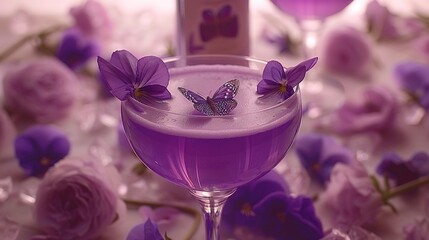 Poster -   A wine glass with a drink inside and a butterfly on top