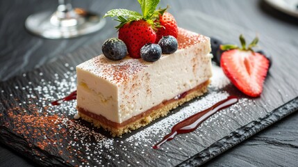 Sticker -  Cake with strawberries and blueberries on plate, wine in background