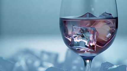 Poster -   A close-up of a wine glass filled with ice cubes on a blurry background of ice cubes