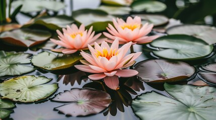 Wall Mural -   A cluster of pink water lilies resting atop a tranquil body of water, adorned with lily pads above