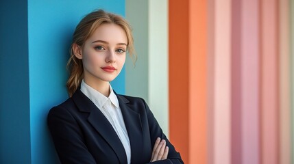 Sticker - Confident Against a Colorful Backdrop: A young businesswoman in a power suit leans against a vibrant wall, her assured gaze reflecting ambition and poise. 