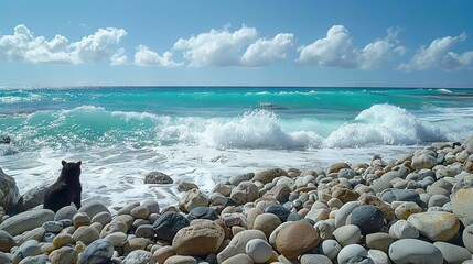 Canvas Print -   A black cat perched atop a rocky mound, overlooking a tranquil body of water as waves lapped gently against the shore